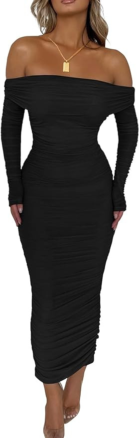 PRETTYGARDEN Women's Fall Off The Shoulder Maxi Dress Spring Long Sleeve Ruched Fitted Bodycon Cl... | Amazon (US)