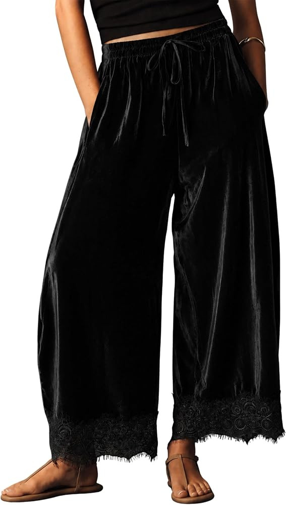 Lviefent Womens Lace Hem Velvet Pants Drawstring Casual Balloon Trousers | Amazon (US)
