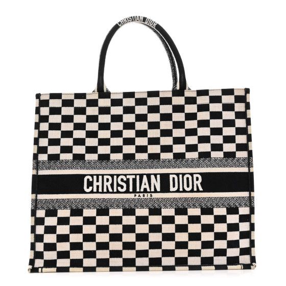 Canvas Embroidered Checkered Book Tote Black White | FASHIONPHILE (US)