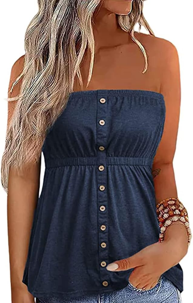 FECAFO Button Strapless Bandeau Tank Women Sleeveless Backless Tube Tops Pleated Summer Casual Ho... | Amazon (US)