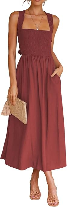 CHARTOU Women Sexy Spaghetti Strap Cut Out Smocked Dress Party Backless Flowy Midi Dress with Poc... | Amazon (US)