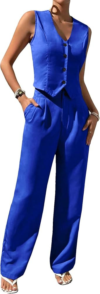 WDIRARA Women's 2 Piece Outfits Button Front Waistcoat Sleeveless V Neck Vest Jacket and Pants | Amazon (US)