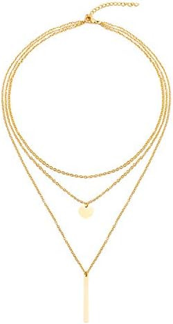 Disc Bar Pendant Layering Necklace Stainless Steel Layered Chain Choker | Amazon (US)
