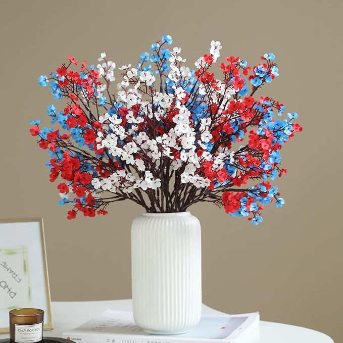 Hananona 10 Pcs 4th of July Flowers Artificial Babys Breath Fake Silk Patriotic Flowers for Indep... | Amazon (US)