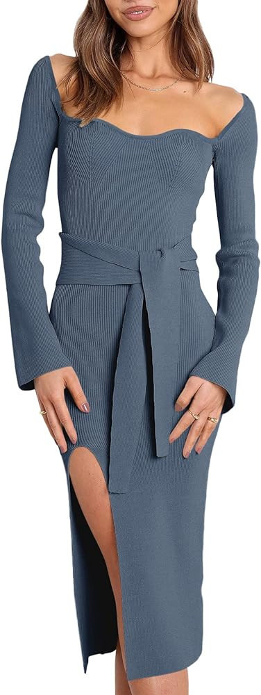 ANRABESS Women's 2023 Fall Long Sleeve Sweetheart Neck Tie Waist Slit Side Kibbed Knit Slim Bodyc... | Amazon (US)