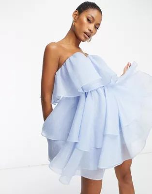 ASOS LUXE chiffon bandeau tiered mini dress in blue | ASOS (Global)