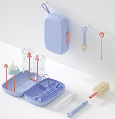 Portable Bottle Cleaning Kit, 7in1 Extendable Silicone Travel Baby Bottle Brush Set & Drying Rack, Nipple, Straw, & Breast Pump Portable Cleaning, Soap Dispenser & Organizer Case, Gift for Mom (Blue) | Amazon (US)