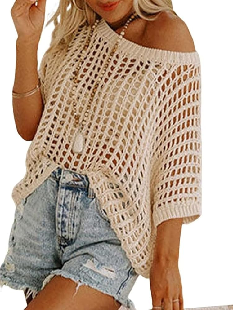 Chvity Women's Summer Crew Neck Short Sleeve Sweater Casual Off Shoulder Tops Hollow Out Crochet ... | Amazon (US)