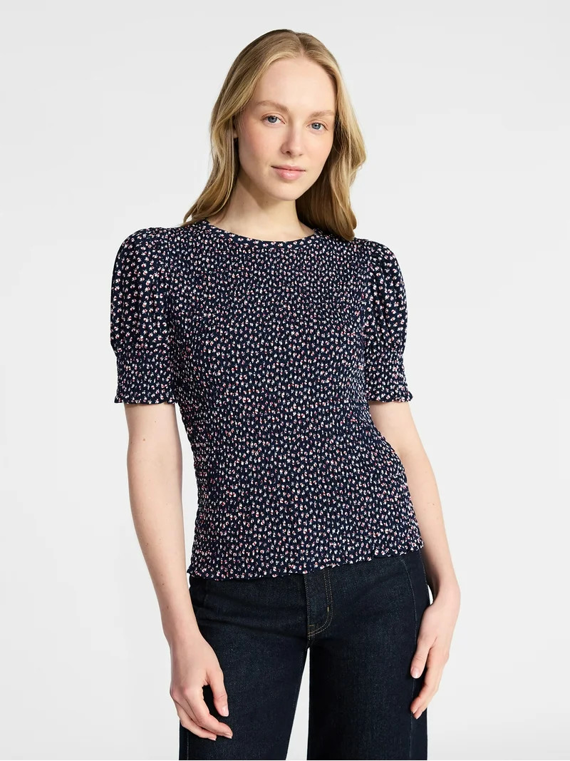 Time and Tru Women's Smocked Top with Short Puff Sleeves, Sizes XS-XXXL | Walmart (US)