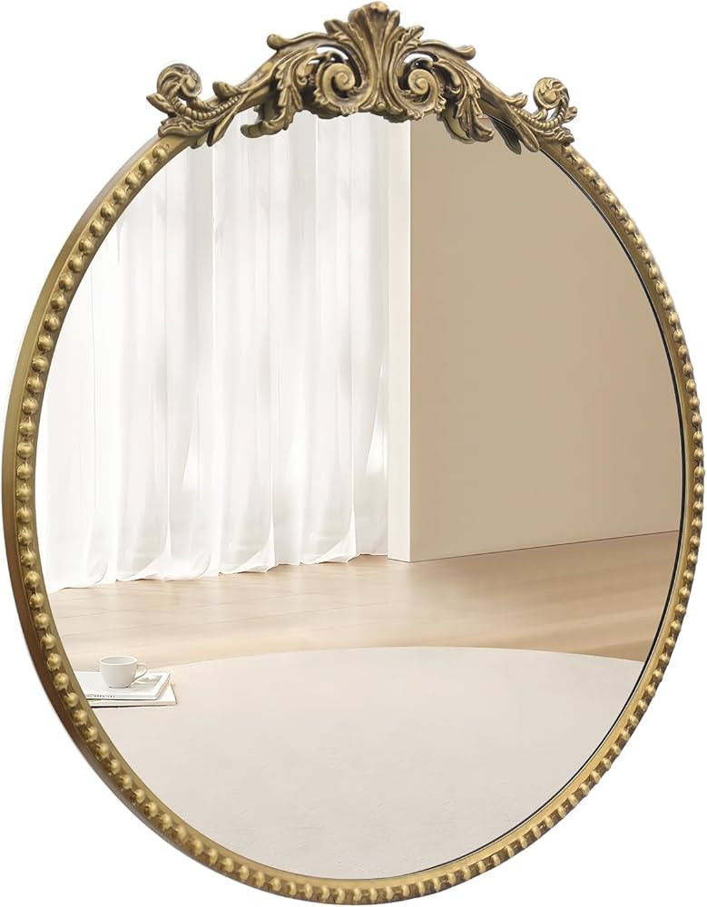 Round Mirror, 24''Baroque Style Circle Mirror Vintage Gold Metal Frame Wall Mirrors for Vanity, B... | Amazon (US)