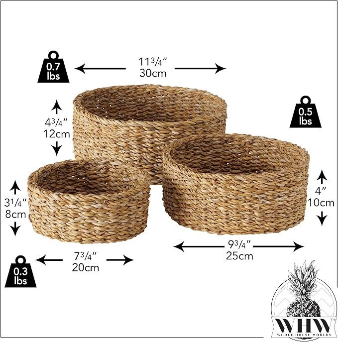 Wicker Bread Basket Bowls, Set of 3, Thick Chunky Seagrass, Sweater Weave, Decorative, 11.75, 9.7... | Amazon (US)