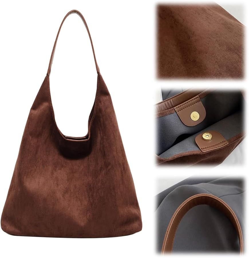 Slouchy Hobo Bag, Durable Suede Tote for Shopping, Vegan Leather Crescent Handbag, Casual Purse f... | Amazon (US)