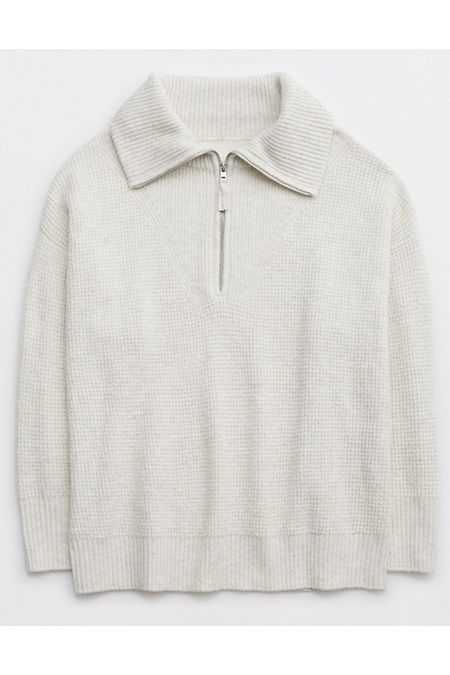 Aerie CozyUp Waffle Quarter Zip Sweater Women's Gray Heather XXL | American Eagle Outfitters (US & CA)