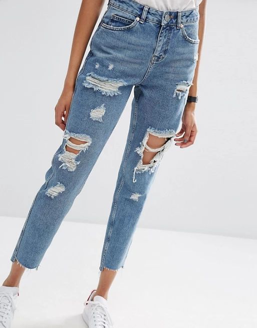 ASOS Original Mom Jeans in Jana Mid Stonewash with Busts and Stepped Hem | ASOS UK