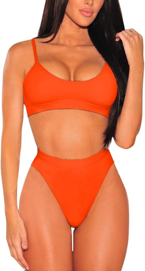 Pink Queen Women's Push Up Spaghetti Straps High Waisted Cheeky Two Piece Swimsuit | Amazon (US)