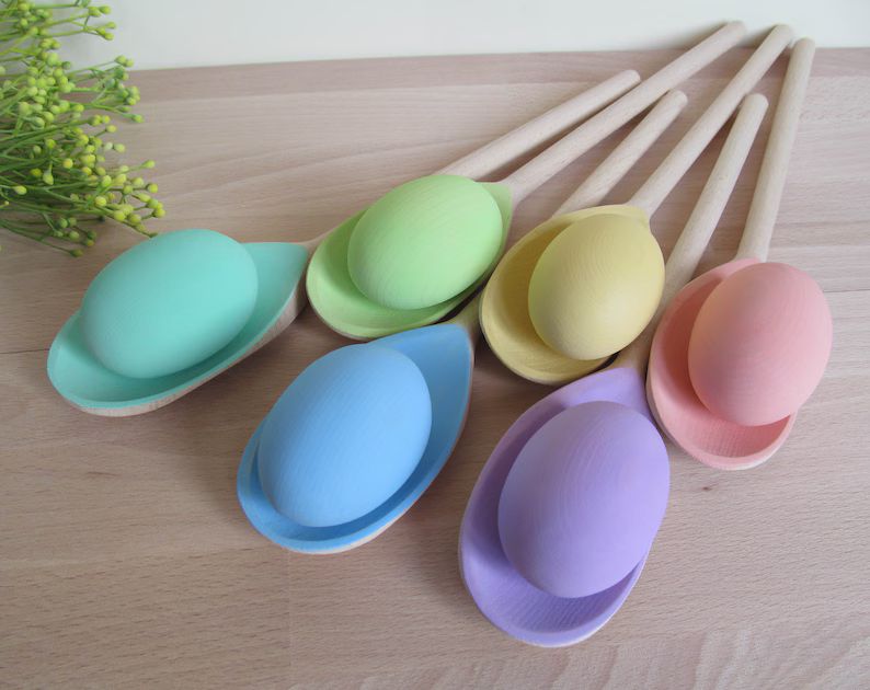 Easter gift baby, Wooden PASTEL Rainbow SPOONS EGGS 2.4", Balancing Game, Set 6 Easter eggs & spo... | Etsy (US)