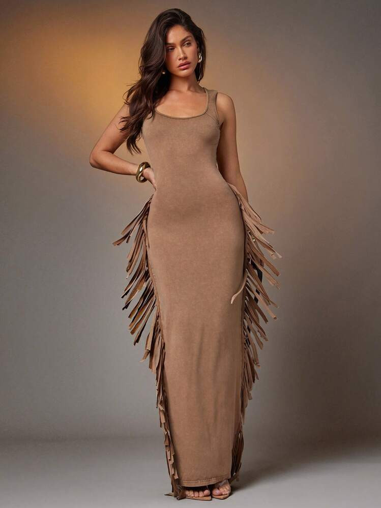 Denimoi Mineral Wash Fringe Maxi Dress, Simple And Fashionable, Suitable For Summer, Festival | SHEIN