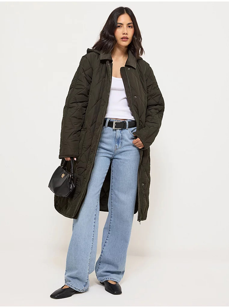 Khaki Longline Zip Through Hooded Quilted Jacket | George at ASDA