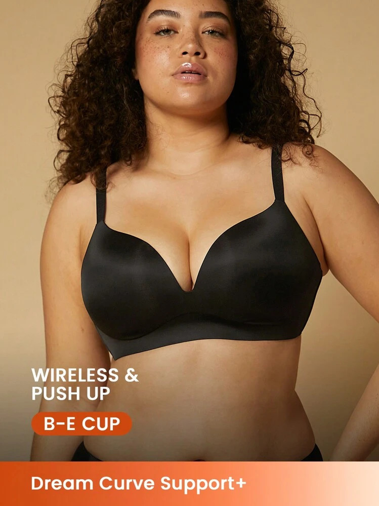 Reggiseno Senza Fili Push-Up Nero Con Supporto Curva Sognante, Taglia Base, Reggiseno Senza Cuciture Comodo E Indispensabile | SHEIN
