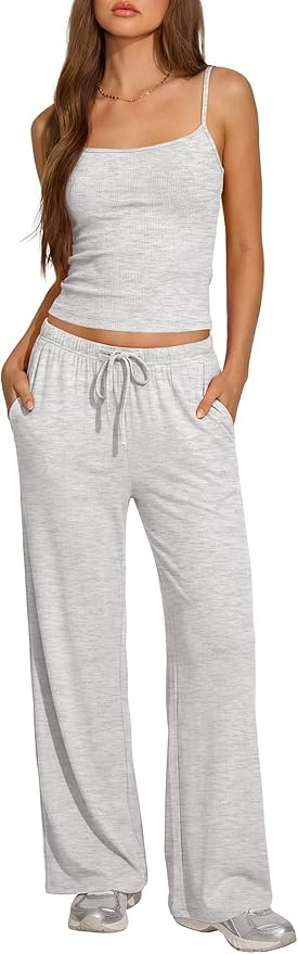 Darong Womens Summer Outfits 2 Piece Lounge Set Spaghetti Strap Tank Top Wide Leg Pants Matching ... | Amazon (US)