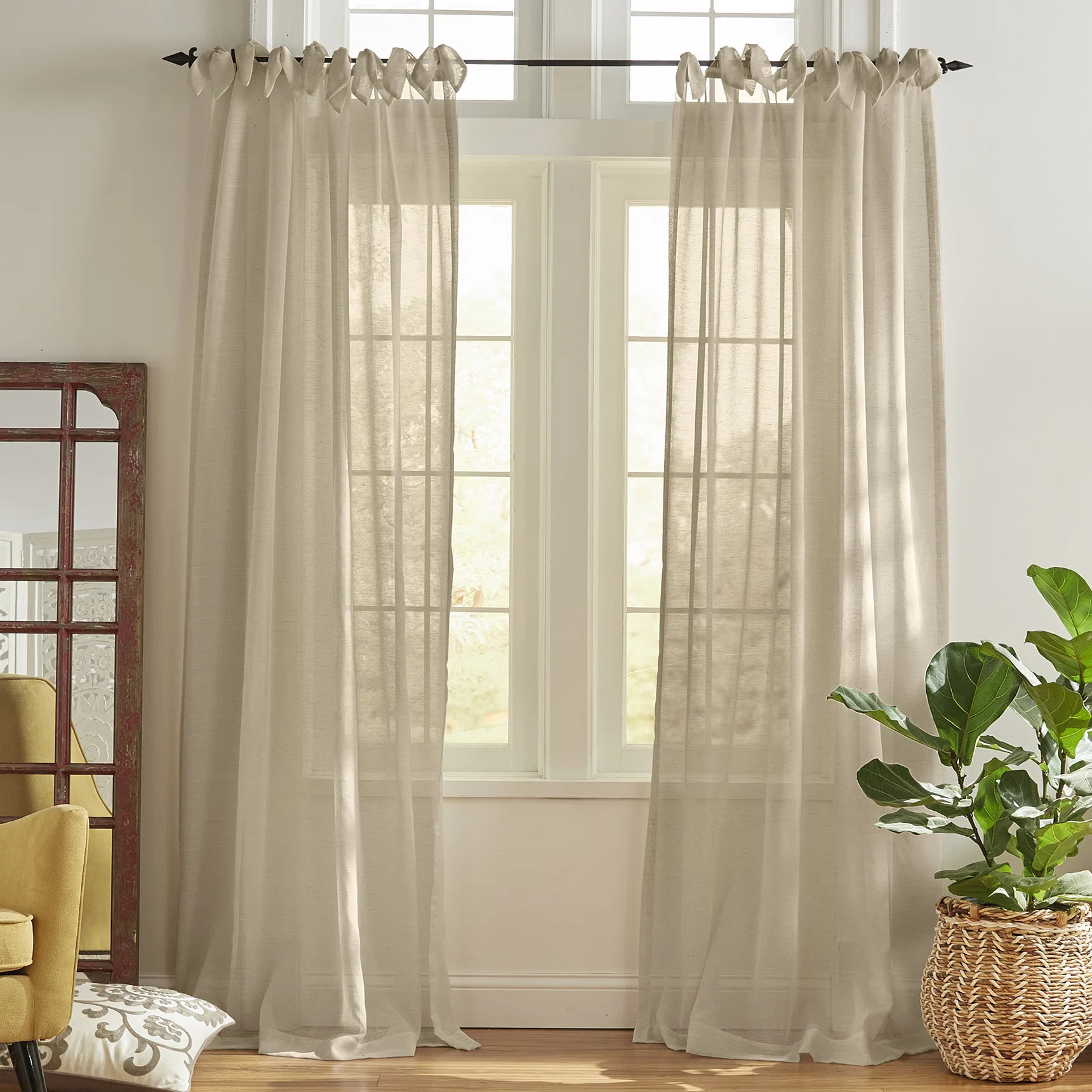 Dupre Linen Blend Sheer Tie Top Single Curtain Panel | Wayfair North America
