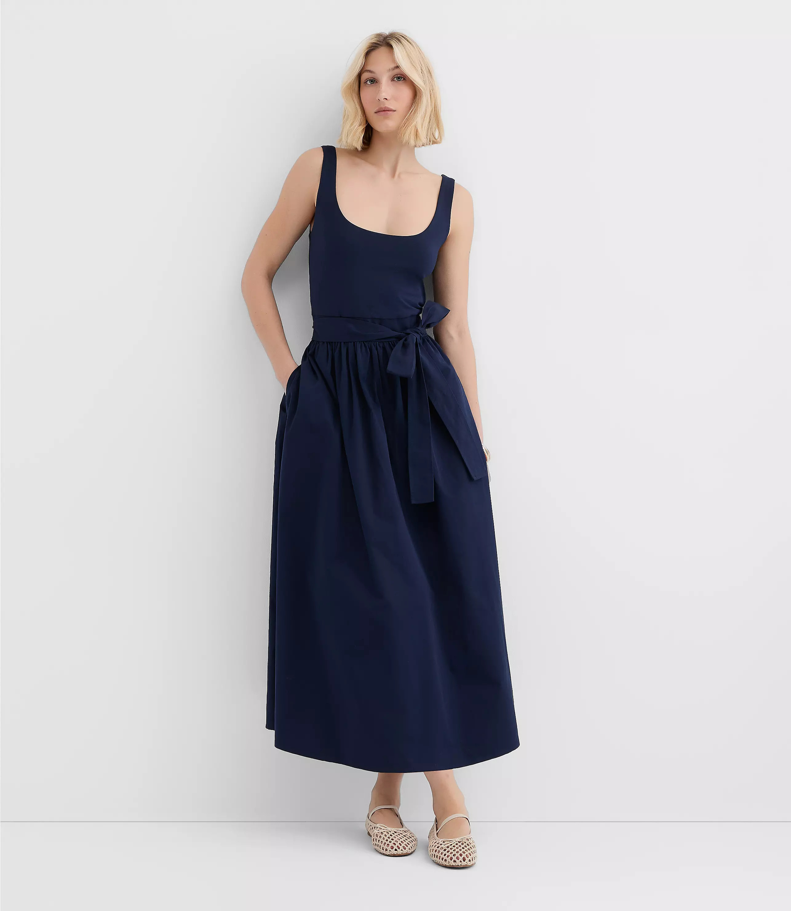 Tie Waist Mixed Media Midi Pocket Dress | LOFT