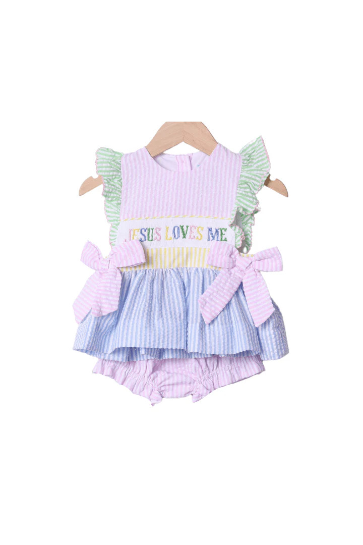 Smocked Jesus Loves Me Seersucker Colorblock Bloomer Set | The Smocked Flamingo