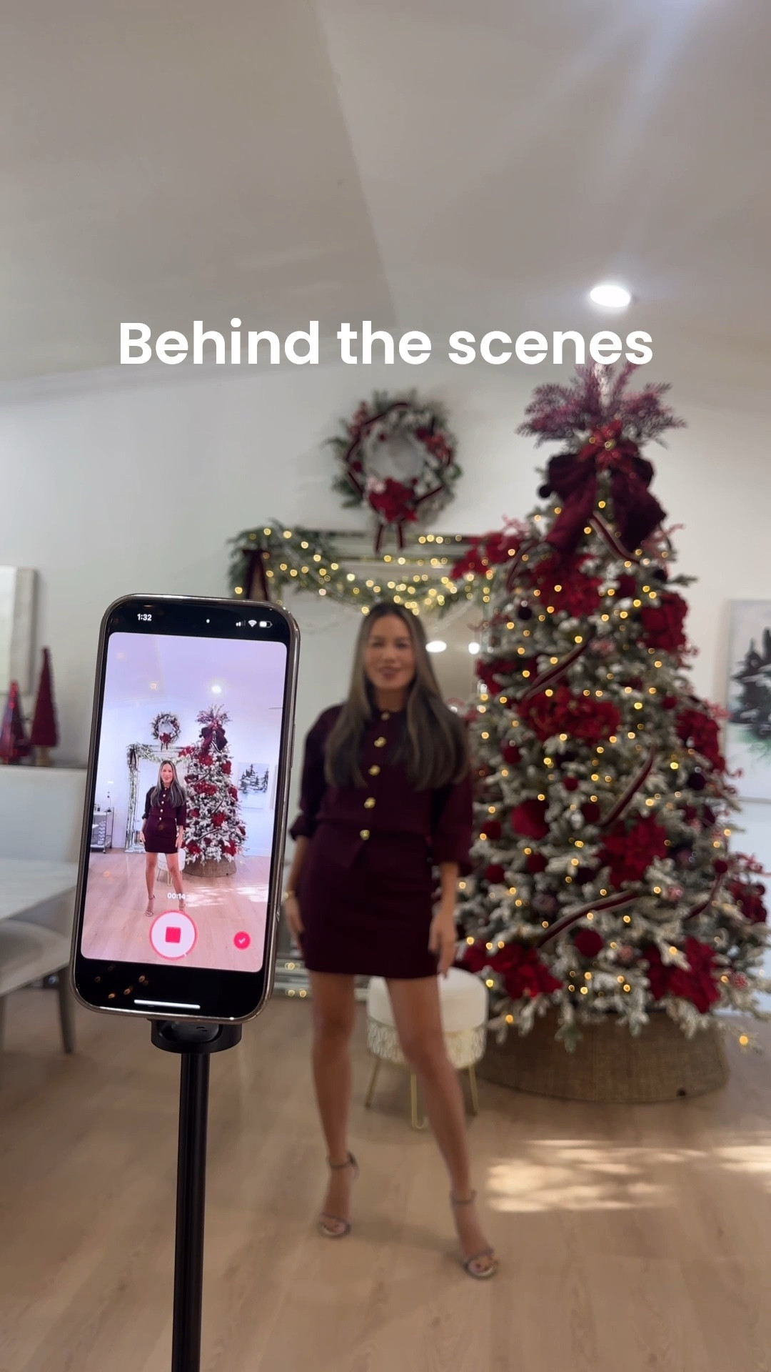 Behind the scenes of my shoe toss transition video for my Christmas Tree decor for 2025. Found the cutest burgundy sweater and matching skirt with a button-down balloon sleeve. Perfectly coordinates with my Christmas decorations this year. 9 ft Queen flocked Christmas tree from King of Christmas. 

#LTKHoliday #LTKgrwm #LTKHome