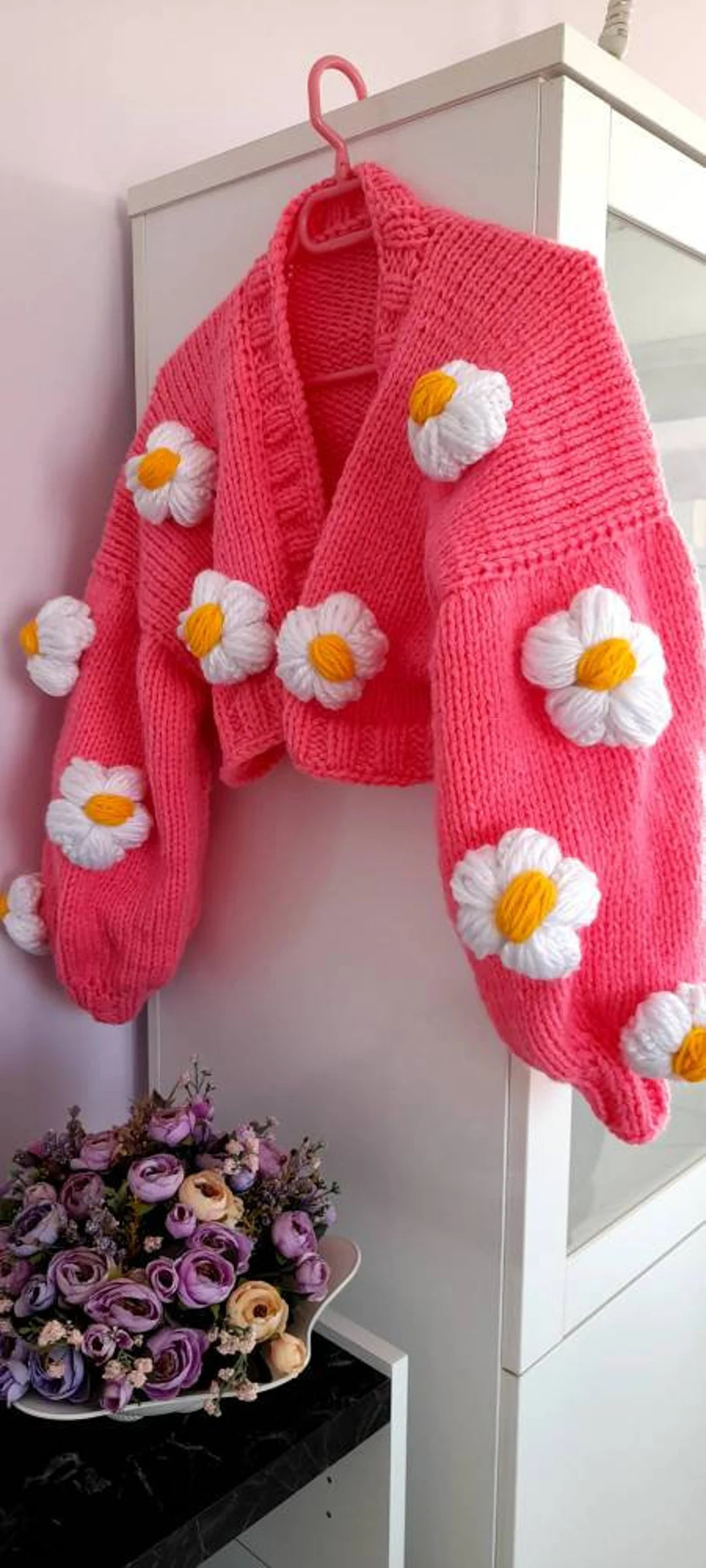 Handmade Pink Thick Daisy Cardigan, White Daisy Women's Jacket, Can Be Given As A Gift | Etsy (US)