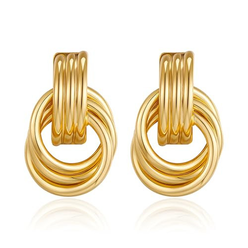 Chunky Gold Earrings for Women Trendy Knot Link Circle Geometric Dangle Earrings Studs Lightweight Hollow Twisted Drop Earings Jewelry | Amazon (US)
