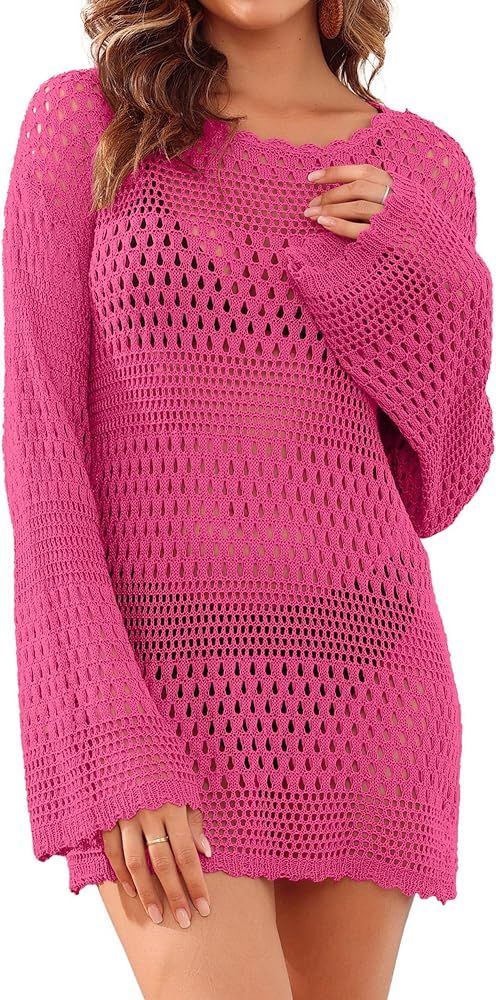 Cysincos Crochet Coverups for Women Swimwear Long Sleeve Hollow Out Knit Pullover Dress Swimsuits... | Amazon (US)
