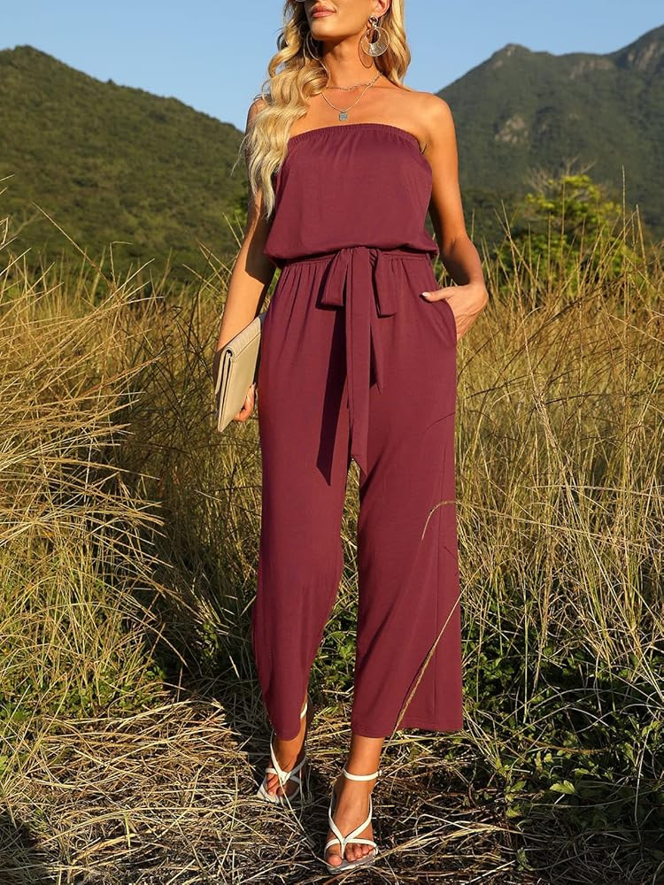 ZESICA Women's Casual Off Shoulder Solid Color Strapless Belted Wide Leg Jumpsuit Romper | Amazon (US)