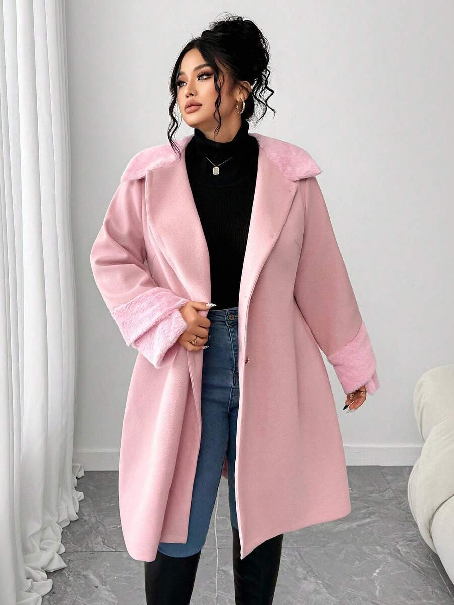 Elenzga Plus Size Women Solid Color Button Front Long Sleeve Faux Fur Collar Casual Overcoat | SHEIN