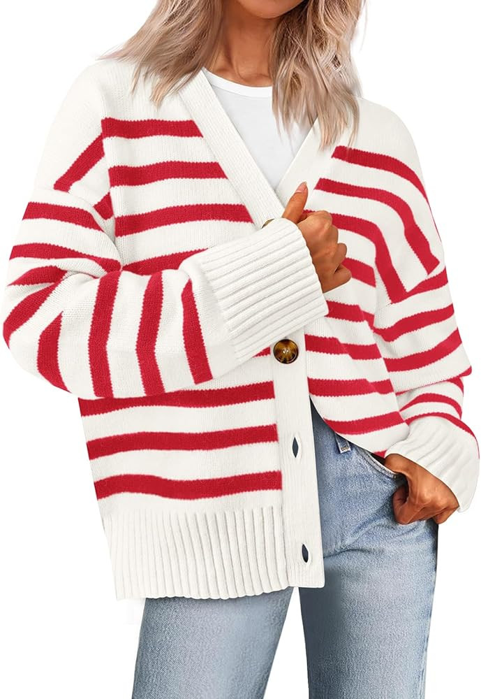 PRETTYGARDEN Women's Long Sleeve Striped Open Front Cardigan Sweaters Button Down Knit Lady Jacke... | Amazon (US)