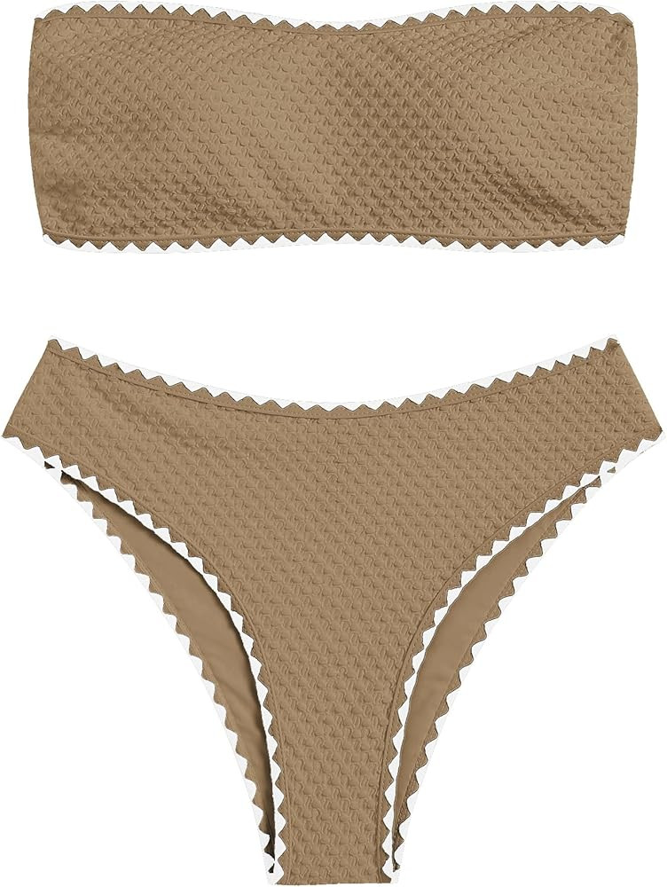 ZAFUL Women's High Cut Bandeau Bikini Set Strapless Solid Color 2 Pieces Bathing Suit Swimsuit | Amazon (US)