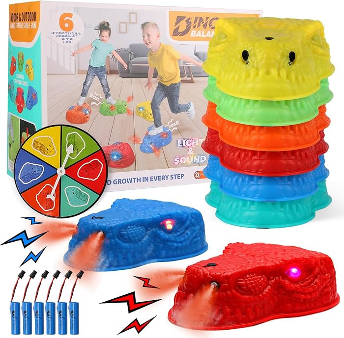6 Pcs Dinosaur Stepping Stones for Kids, Light up Mist Spray & Roaring Non-Slip Balance Stepping ... | Amazon (US)