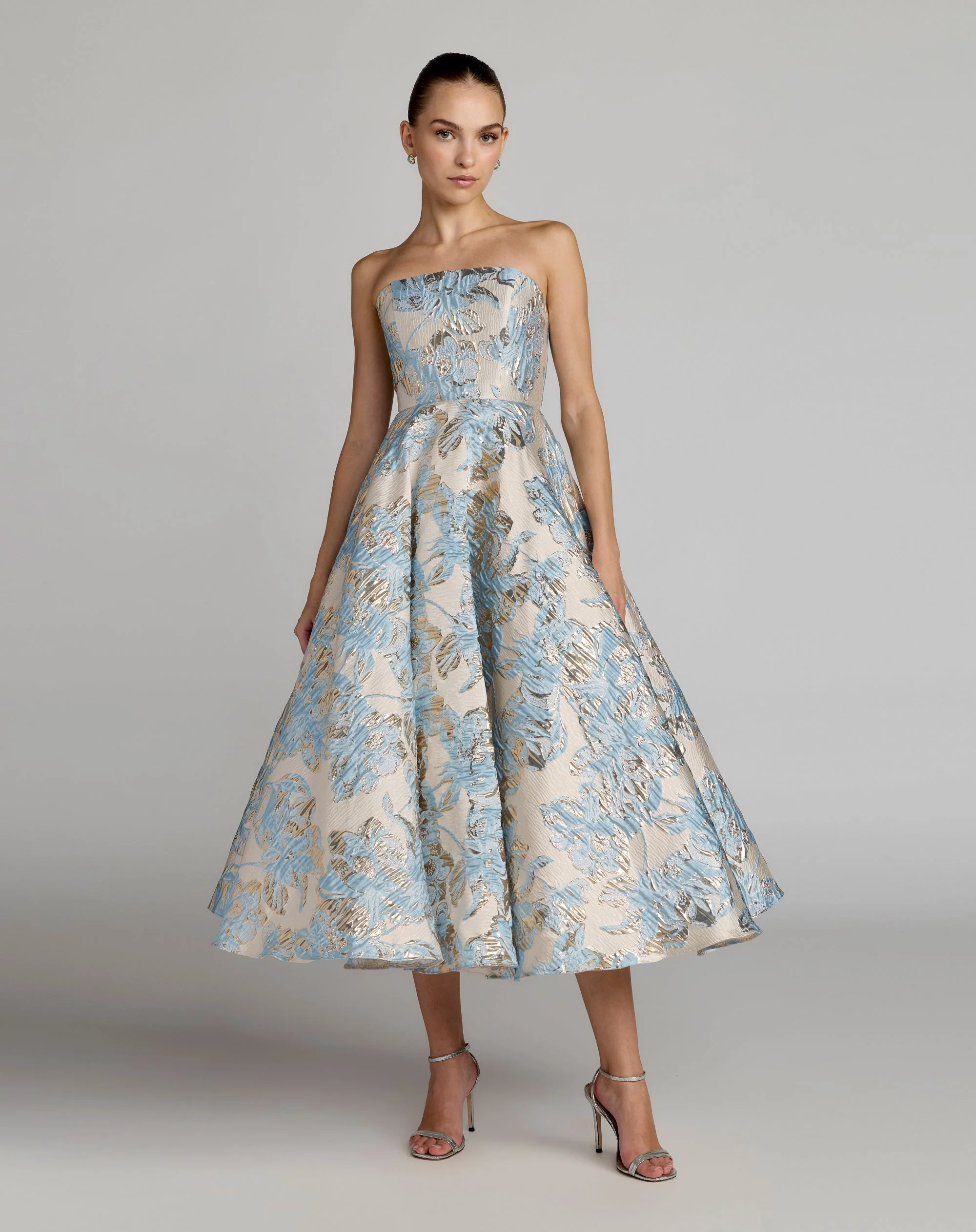 Blue Strapless Brocade A-Line Midi Dress With Pockets | Mac Duggal