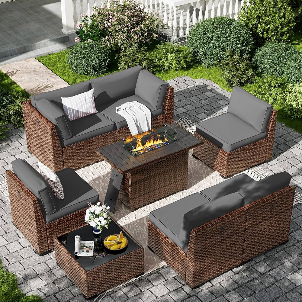 Amopatio 8-Piece Outdoor Patio Furniture Set with 44" Fire Pit Table, Modern Rattan Sectional Cou... | Amazon (US)