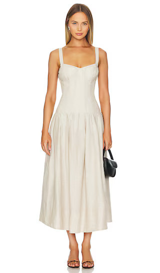 NICHOLAS Makenna Drop Waist Corset Midi Dress in Tan. - size 6 | Revolve Clothing (Global)