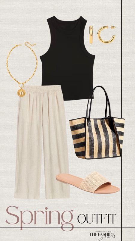 Spring Outfit | Linen Pants | Neutral Spring Outfit Ideas I Women's Outfit | Fashion Over 40 | Forties Fashion | Sandals I Tote | Gold Accessories | The Fashion Sessions | Tracy

#LTKstyletip #LTKover40 #LTKitbag