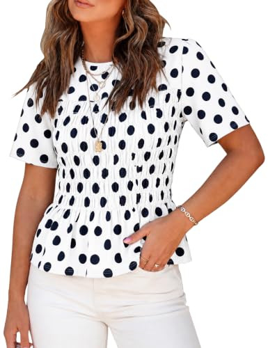 Watashi Women Polka Dot Smocked Peplum Blouse Short Sleeve Summer Tops | Amazon (US)