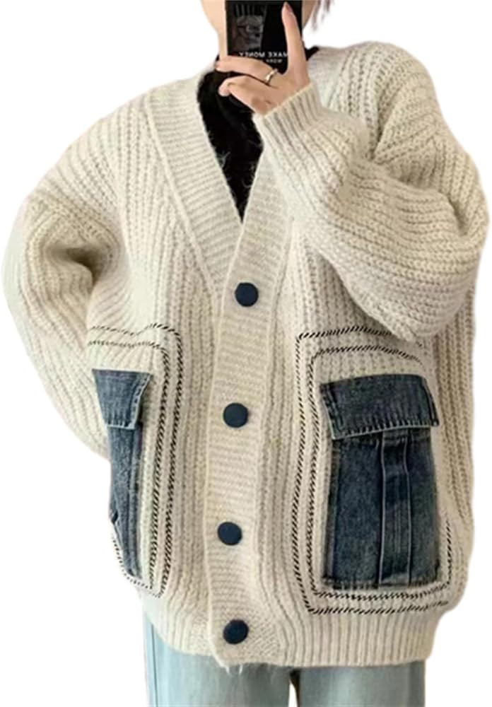 HOULENGS Women's Long Sleeve Patchwork Cardigan Sweater V Neck Button Knitted Coat Outwear with P... | Amazon (US)