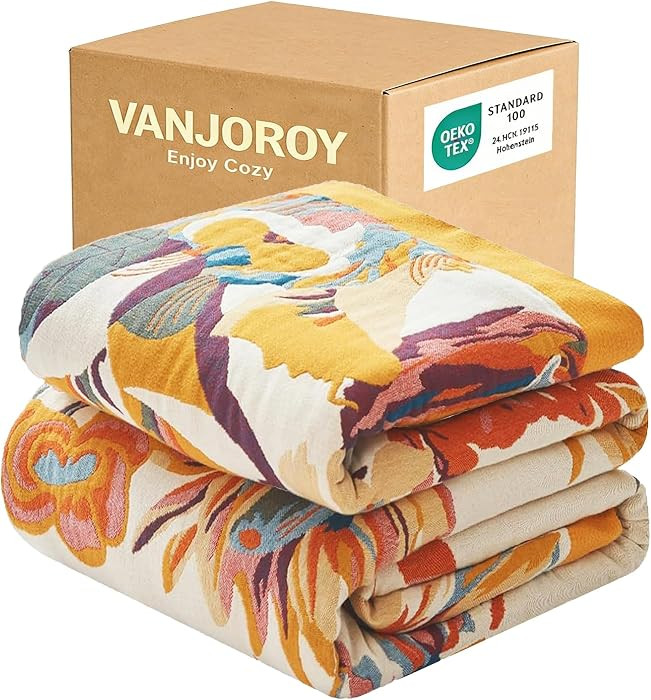 VANJOROY Boho Throw Blanket 60" x 80", 100% Organic Cotton Skin-Friendly Lightweight Ultra Soft B... | Amazon (US)
