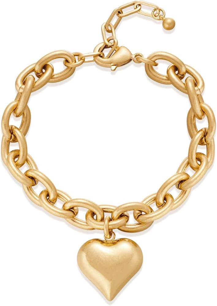 Heart Charm Bracelet for Women Chunky Matte Gold Link Chain Bracelet Vintage White Gold Love Hear... | Amazon (US)