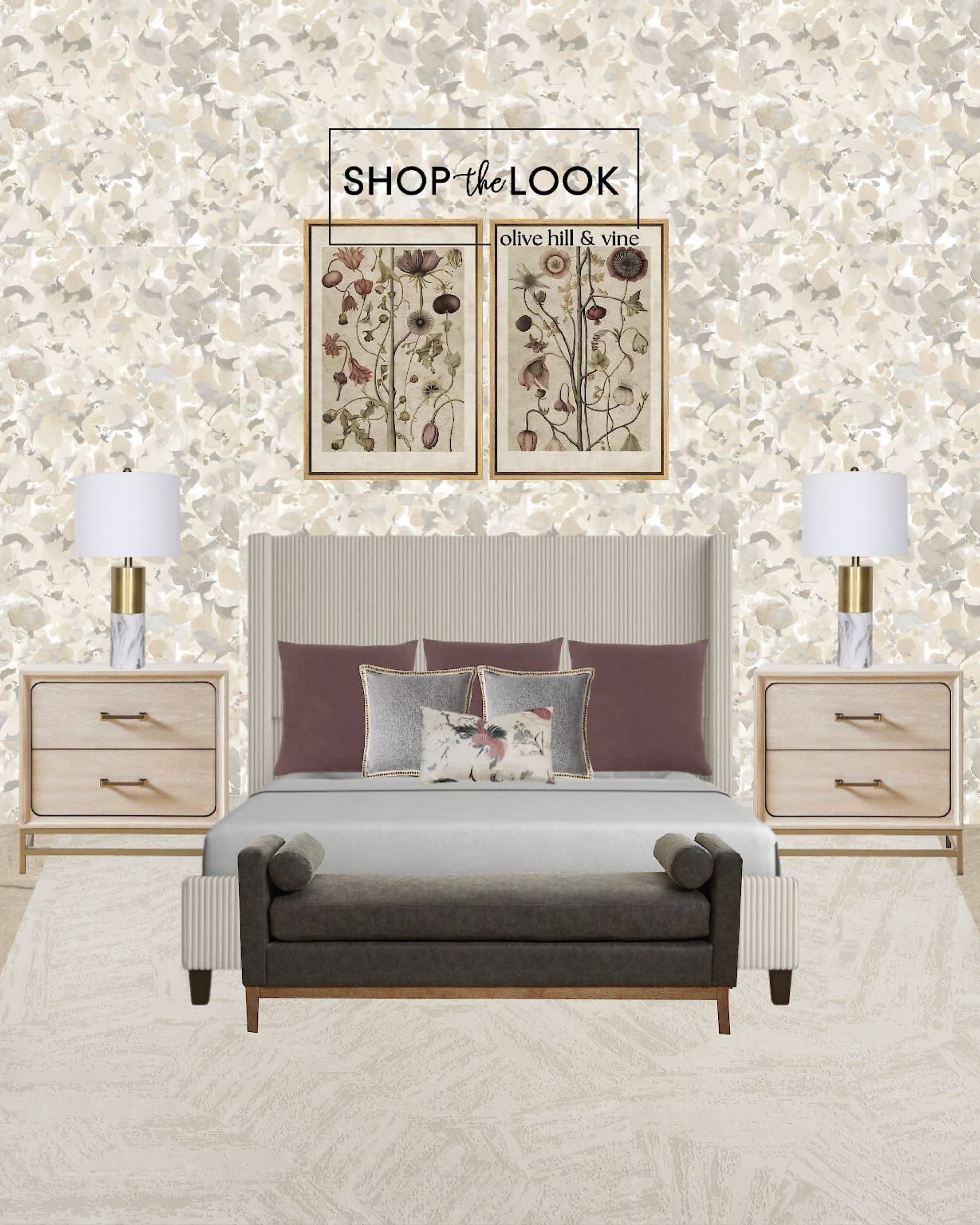 An elegant blend of texture and nature. This bedroom features a corduroy-upholstered wingback bed, abstract floral wallpaper, and a chic bench with cylindrical pillows. Brass and marble lamps, geometric rug, and layered wine, gray, and crane-patterned pillows complete the look. 

#LTKHome #LTKStyleTip #LTKFamily