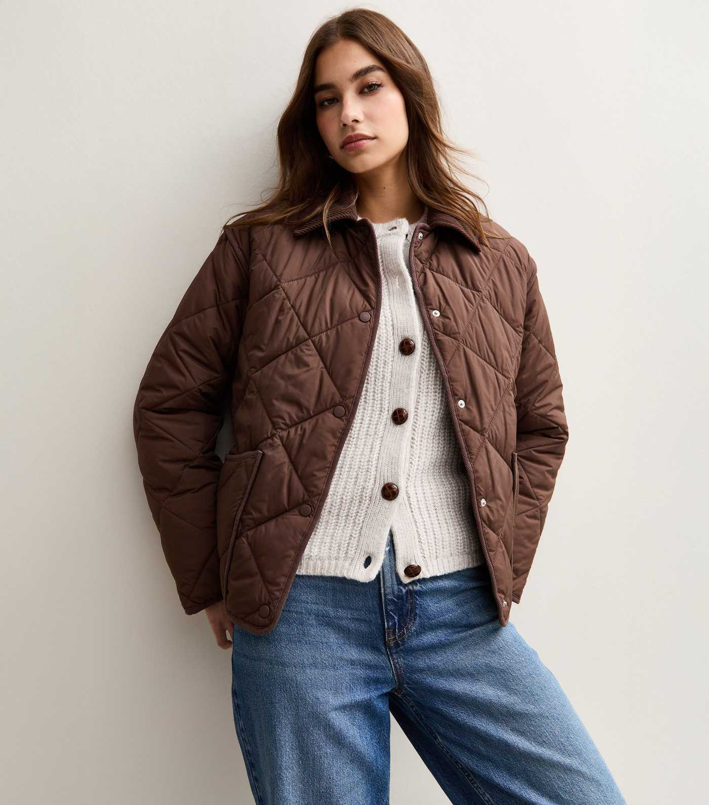Dark Brown Corduroy Collar Quilted Jacket | New Look | New Look (UK)