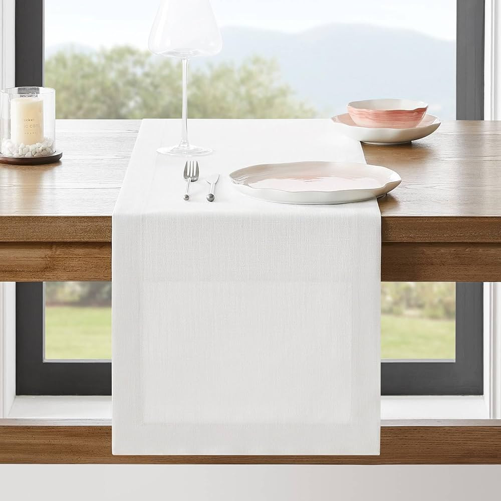 Linen Textured Border Table Runner, 14 x 90 Inch White, Farmhouse Style White Table Runners 90 In... | Amazon (US)