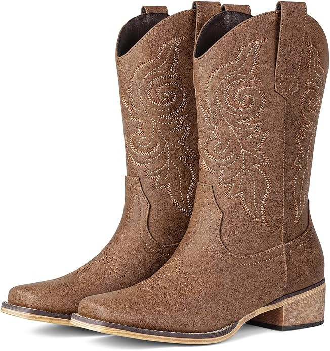 Pasuot Western Cowboy Boots for Women - Square Toe Mid Calf Cowgirl Boots, Low Chunky Heel Countr... | Amazon (US)