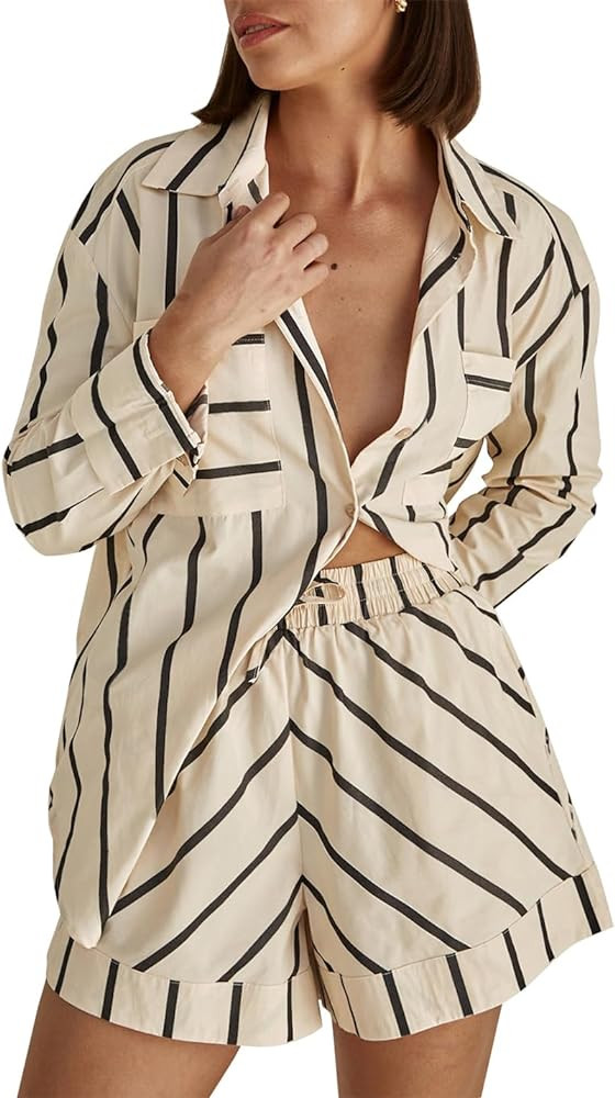Women's Striped 2 Piece Outfits Casual Button Down Shirts and Shorts Drawstring Pajamas Lounge Ma... | Amazon (US)