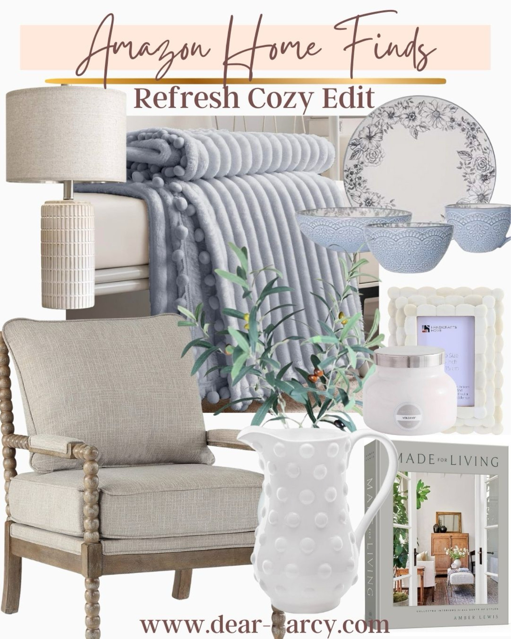 Amazon home finds
Refresh cozy edit

Beautiful linen and bleached wood accent chair very restoration hardwood feeling

Affordable home decor

Shades of blue
Cozy thro
Beautiful dishes 

-Scallop frame 
-Pretty lamp 
-Volcano vandal 
-Olive silk plant 
-Home decor/design coffee table book


#LTKHome #LTKStyleTip #LTKGiftGuide